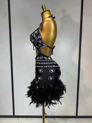 Women Sexy Halter Crystal Feathers Bodycon Mini Dress Nightclub Performance Stage Outfit Luxury Birthday Photo Shoot Dress