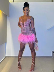 Luxury Pink Crystal Diamond Feather Cocktail Prom Dres