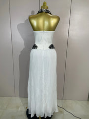 Betty pearl sequin halter bandage maxi dress featuring intricate beading and a glamorous figure-hugging silhouette