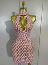 Bridgette pink floral sequin mesh mini dress featuring a sexy halter neckline and sheer party dress design