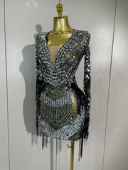 Candice sparkling diamond sequin tassel long sleeve sheer mesh mini dress for women party night out