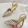 Elegant Pointed Toe Slingback Stiletto Sandals Crystal Diamonds Women Pumps High Heels