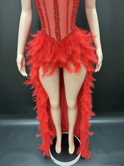 Red V Neck Crystal Corset Mesh Feathers Birthday Dress
