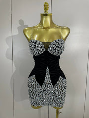 Tamar black velvet short dress with sparkly diamonds and mesh overlay for women’s evening, birthday, or stage events.