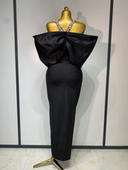 Off-shoulder crystal halter long bodycon bandage dress for women, luxury evening gown for birthday, cocktail, and party celebrations.