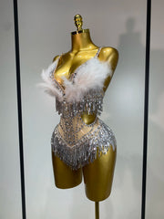 Rhia sparkly rhinestone tassel feather see-through bodysuit for nightclub and stage performance styling