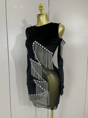Angela sexy sparkly diamond chain velour patchwork mesh mini dress