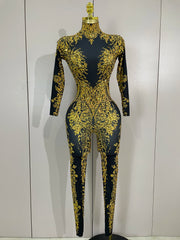 Minchie luxury sparkly diamonds print long sleeve stretch jumpsuit for women party night out