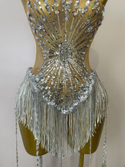 Desiree silver sequin diamond mesh tassel bodysuit sheer sexy outfit for stage performance and birthday party wear