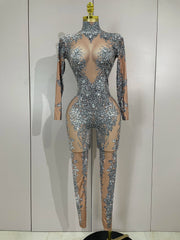 Minchie luxury sparkly diamonds print long sleeve stretch jumpsuit for women party night out