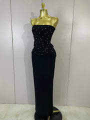 Hazel black strapless two-piece dress set with pearl beaded top and long bodycon bandage skirt