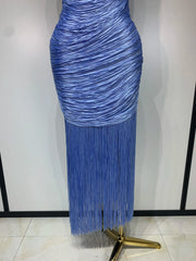 Criselda one-shoulder tassel bandage dress featuring a fitted bodycon silhouette and statement tassel details