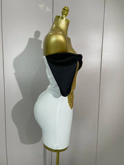 Joan Sexy Shiny Golden Rhinestone White Bandage Mini Dress Birthday Party Outfit Women