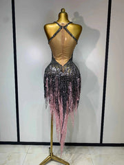 Sparkly Rhinestone Tassel Mesh See Through Dress Pole Dancer Singer Outfit Women Evening Party Club Stage Performance Outfit