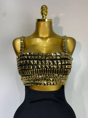 Jada sleeveless square-neck gold sequin bodycon dress with shimmering gold details.