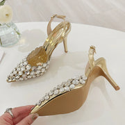 Elegant Pointed Toe Slingback Stiletto Sandals Crystal Diamonds Women Pumps High Heels