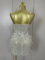 Simone sparkling diamond feather halter sequin mini dress for nightclub and birthday styling