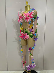Women’s nude mesh rhinestone 3D flower jumpsuit for birthday parties, nightclubs, evening events, and stage performances