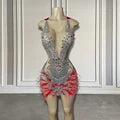 Red Sparkly See-Through Silver Diamond Mini Dress