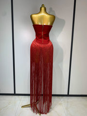 Kendra strapless tassel patchwork bandage bodysuit for women, sexy high street evening party and nightclub style outfit.