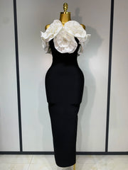 Maya off-shoulder flower diamond bodycon bandage dress – long slim-fit elegant evening gown.