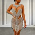 Silver Beaded Crystal See-Through Luxury Birthday Cocktail Dress