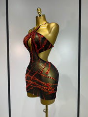 Carmina sexy backless hollow out red diamond mini dress for nightclub and stage performance styling