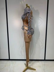 Quincey women's rhinestone jumpsuit with matching gloves for party and stage performance
