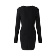 Paulina black long sleeve u neck bodycon mini bandage dress with white flower pearl chain