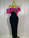 Lashae off shoulder diamond bodycon bandage maxi dress for women. Elegant party outfit for cocktails, birthdays, and evening events.
