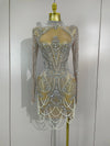 Brenda short mesh dress with pearls and sparkling diamond details for elegant party wear.