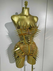 Women Sexy Evening Party Birthday Nightclub Stage Costume Luxury Sparkly Gold Diamonds Sequins Crop Top Shorts Two Pieces Set