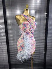 Arabella sequin one-shoulder feather bodycon mini dress with a sparkling finish and glamorous party-ready silhouette