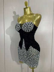 Jade sparkly diamonds black mesh velvet short dress – elegant birthday, evening party, and performance outfit.