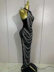 Candace elegant beaded diamond mesh sleeveless bodycon long dress for women’s evening or birthday celebrations.