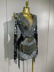 Candice sparkling diamond sequin tassel long sleeve sheer mesh mini dress for women party night out