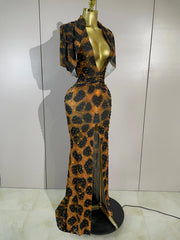 Lisa leopard print V-neck maxi dress featuring sparkling rhinestone embellishments for a glamorous evening look