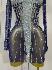Ajay sheer mesh see-through sparkling diamond sequin long sleeve mini dress for women party night out