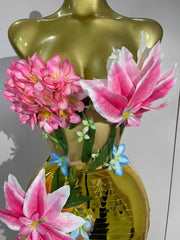 Women Elegant 3D Flower Golden Mesh Top Bodycon Long Dress Two-Piece Set Evening Party Luxury Birthday Club Bar Stage Costumes