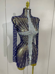 Ajay sheer mesh see-through sparkling diamond sequin long sleeve mini dress for women party night out