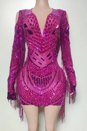 Sheena diamond mesh long sleeve mini dress with sparkling embellishments and tassel detailing