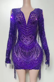 Sheena diamond mesh long sleeve mini dress with sparkling embellishments and tassel detailing