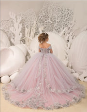 Silver Appliques Princess Flower Girl Dress: Off Shoulder, Long Tulle