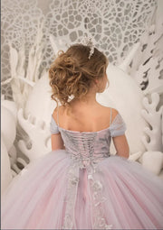 Silver Appliques Princess Flower Girl Dress: Off Shoulder, Long Tulle