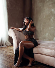 Sexy strapless glitter mermaid prom dress with crystal embellishments.