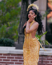 Luxury Halter Rhinestone Sparkly Gold Prom Dresses Luxury 2025