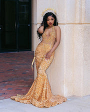 Luxury Halter Rhinestone Sparkly Gold Prom Dresses Luxury 2025