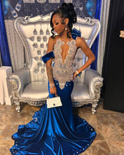 Elegant Beaded Crystal Royal Blue Mermaid Prom Dress