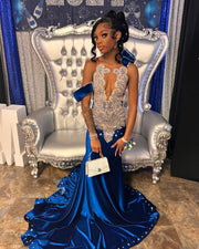 Elegant Beaded Crystal Royal Blue Mermaid Prom Dress