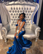 Elegant Beaded Crystal Royal Blue Mermaid Prom Dress